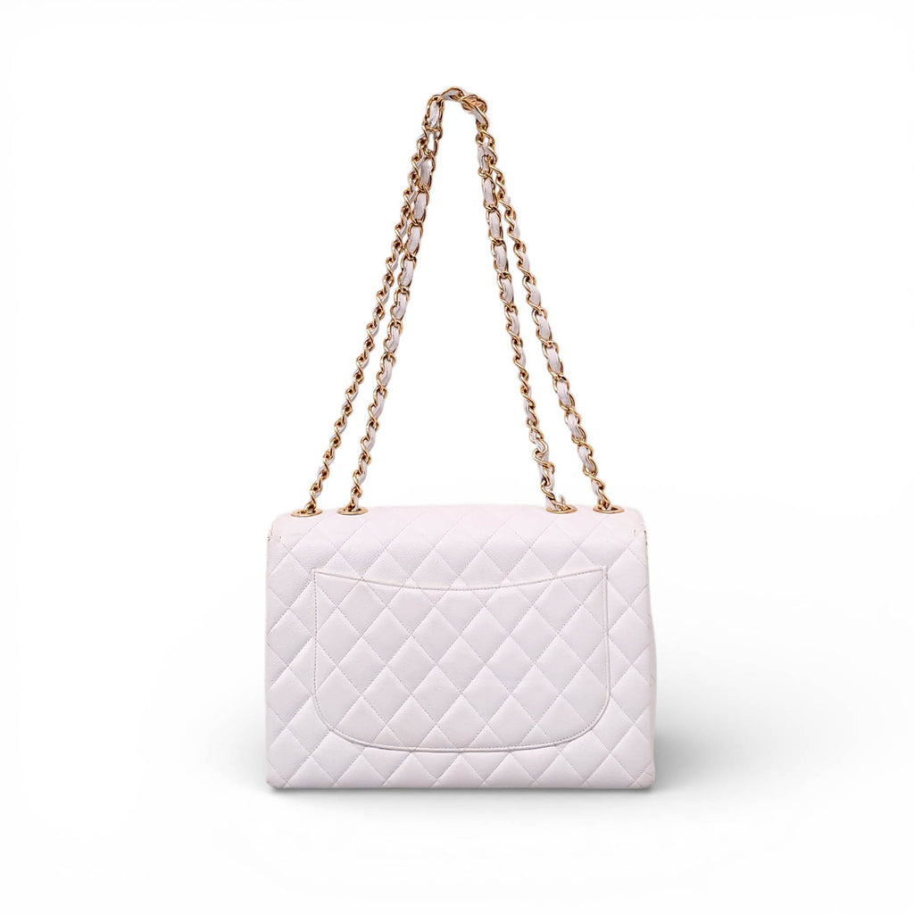 CHANEL VINTAGE CLASSIC WHITE QUILTED CAVIAR JUMBO SINGLE FLAP BAG