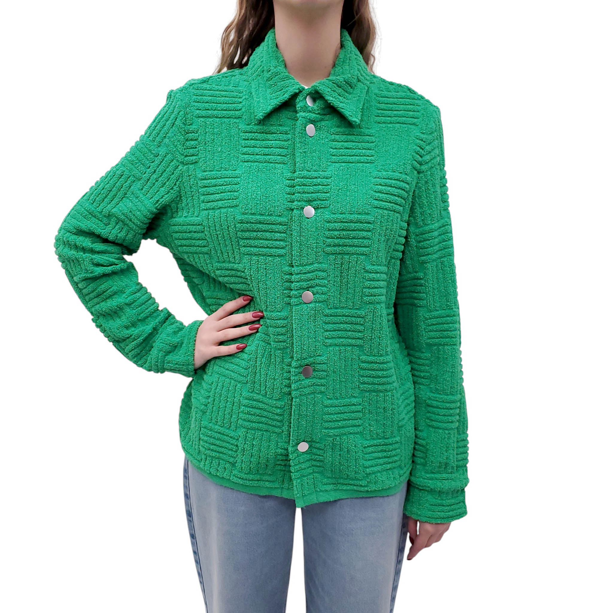 BOTTEGA VENETA GREEN TERRYCLOTH INTRECCIATO BUTTON UP SHIRT - SIZE M