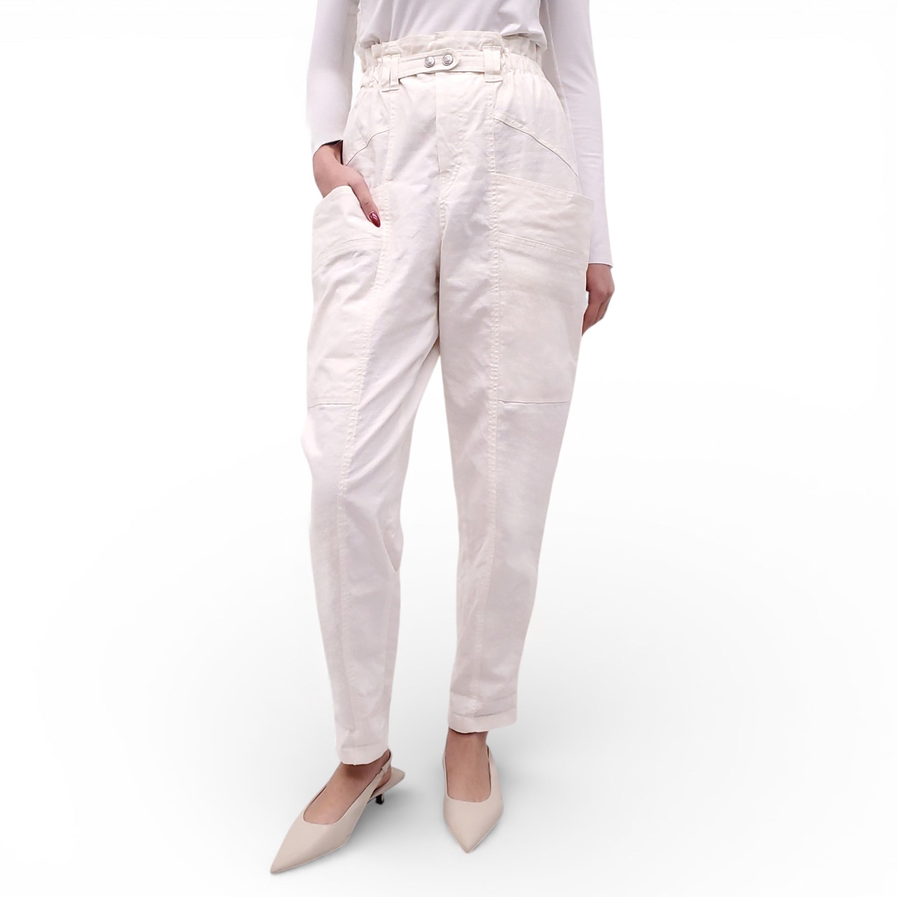 ISABEL MARANT CREAM COTTON AND LINEN BLEND HIGH WAISTED TROUSERS - SIZE 38