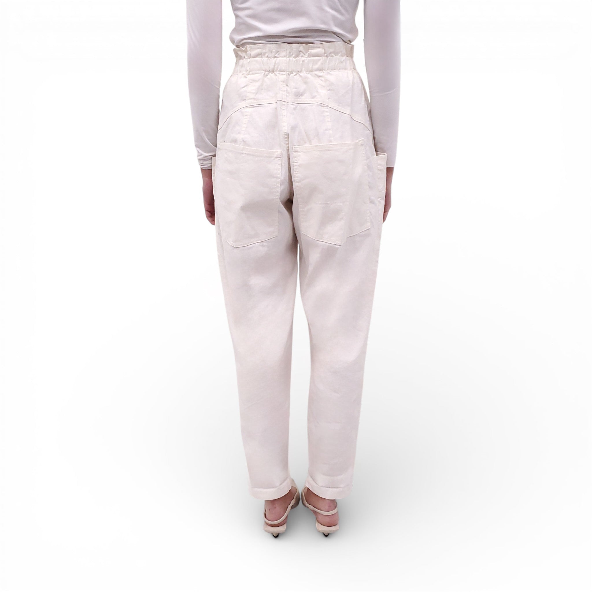 ISABEL MARANT CREAM COTTON AND LINEN BLEND HIGH WAISTED TROUSERS - SIZE 38