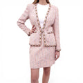 CHANEL PINK TWEED SUIT WITH CHAIN DETAIL - SIZE 40