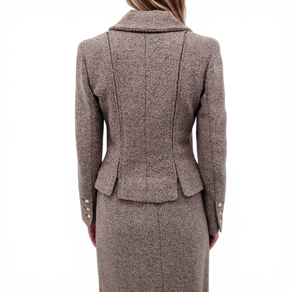 CHANEL OLIVE GREEN TWEED SUIT WITH LACE-TRIMMED SKIRT - SIZE 36
