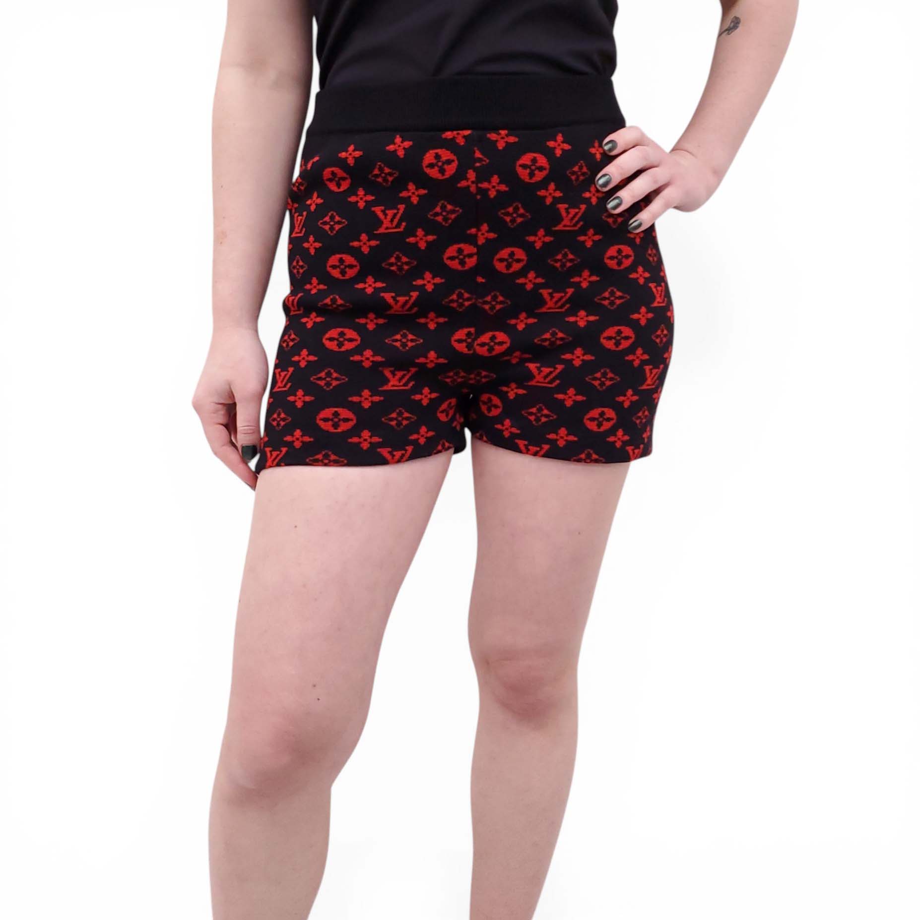 LOUIS VUITTON BLACK AND RED KNIT LOGO SHORTS WITH ZIPPER DETAIL - SIZE M