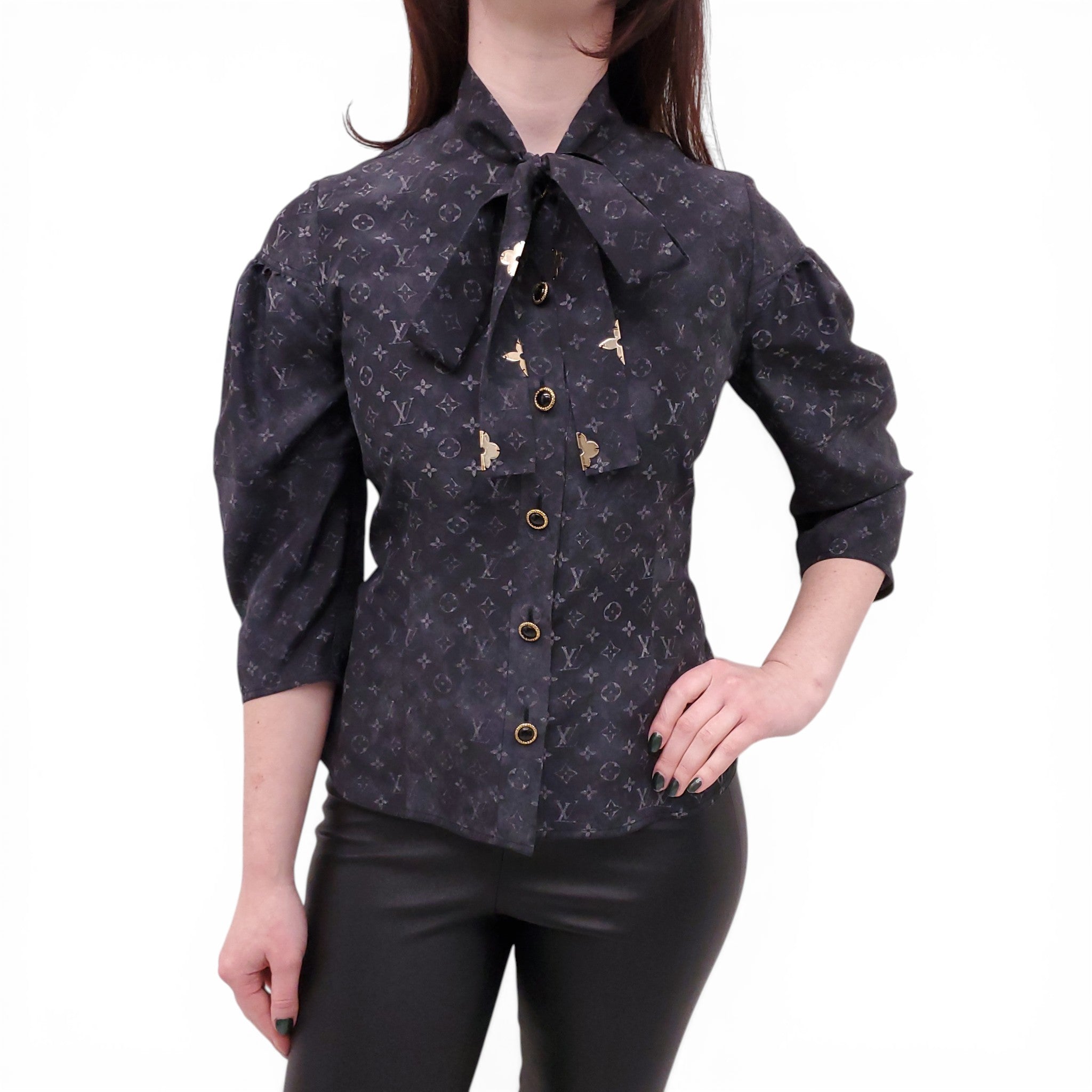 LOUIS VUITTON GREY MONOGRAM SILK BLOUSE WITH TIE - SIZE 34