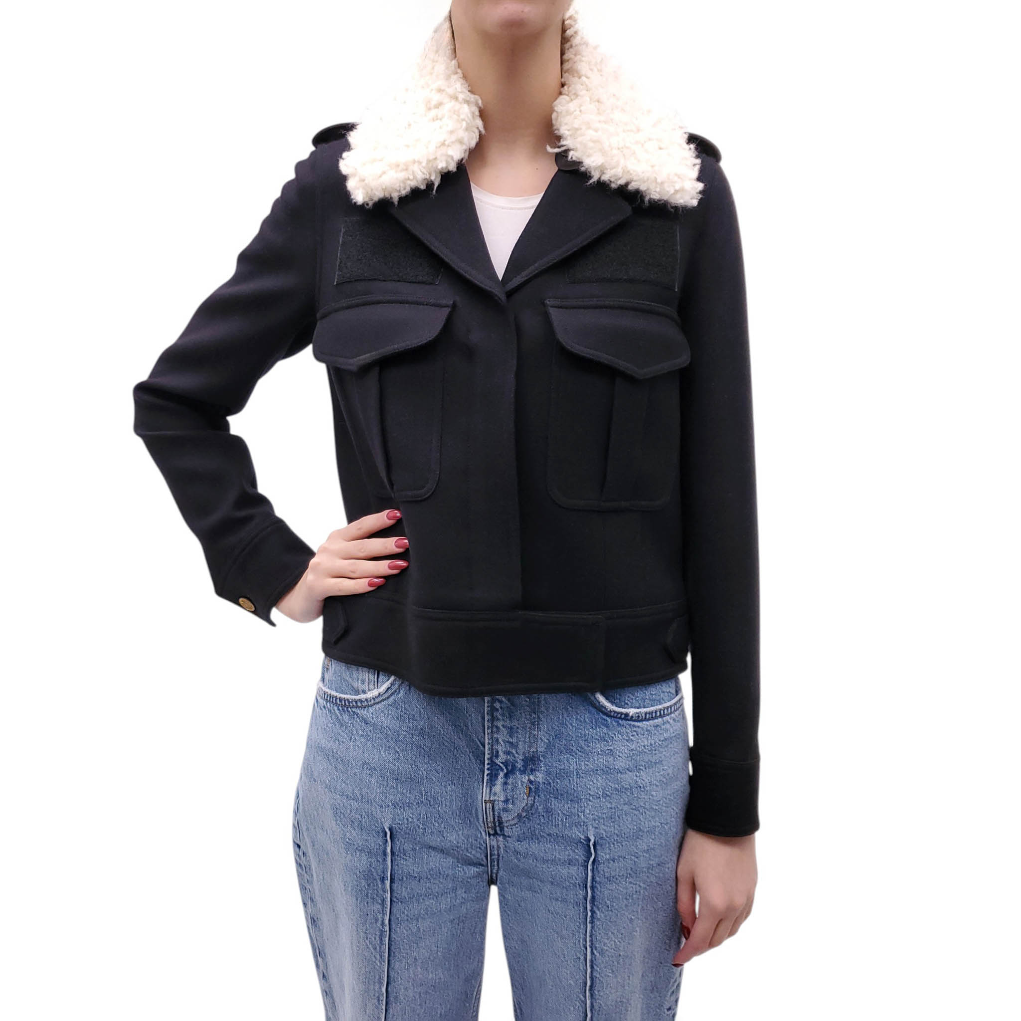 SMYTHE BLACK JACKET WITH SHEARLING COLLAR - SIZE 6
