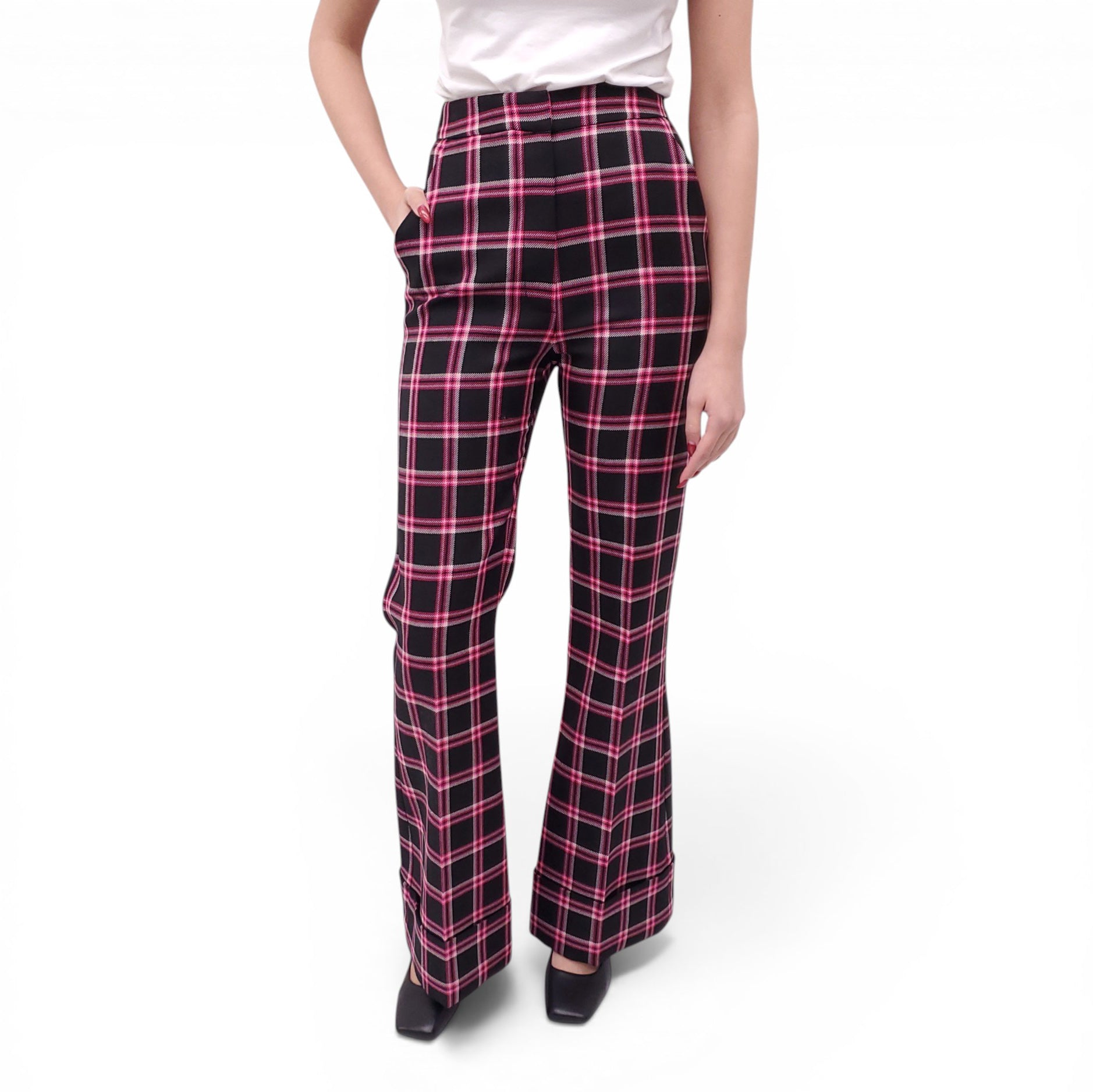 SMYTHE BLACK AND PINK PLAID HIGH WAISTED CUFFED TROUSERS - SIZE 0