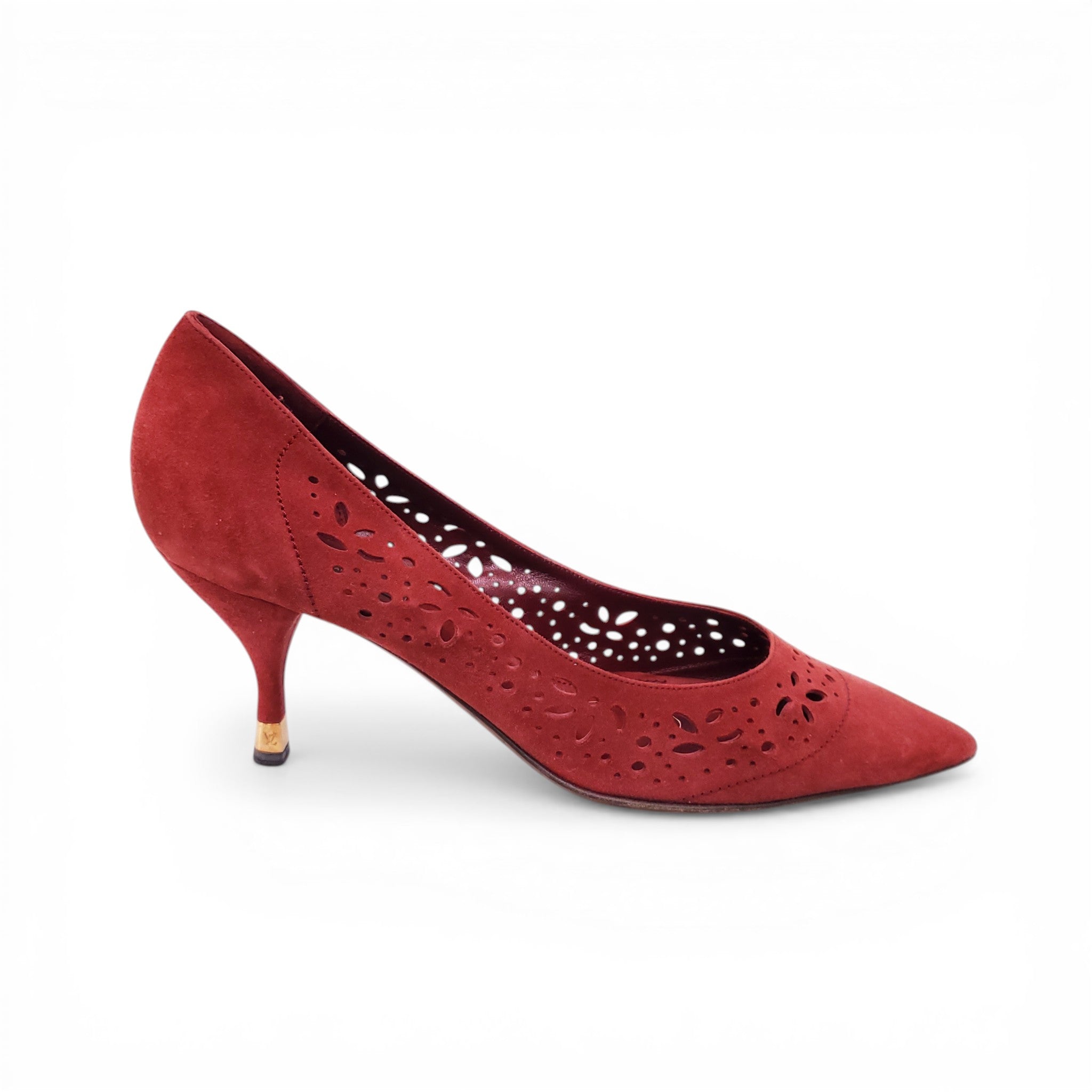 LOUIS VUITTON VINTAGE BURGUNDY HEELS WITH PERFORATED DETAIL - SIZE 40