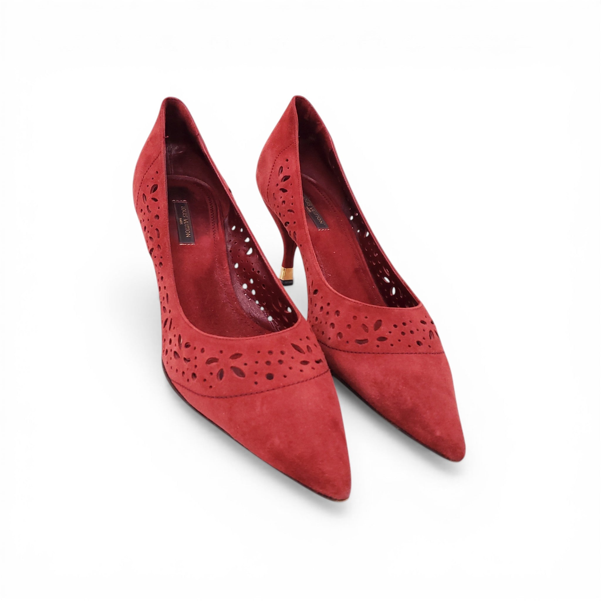 LOUIS VUITTON VINTAGE BURGUNDY HEELS WITH PERFORATED DETAIL - SIZE 40