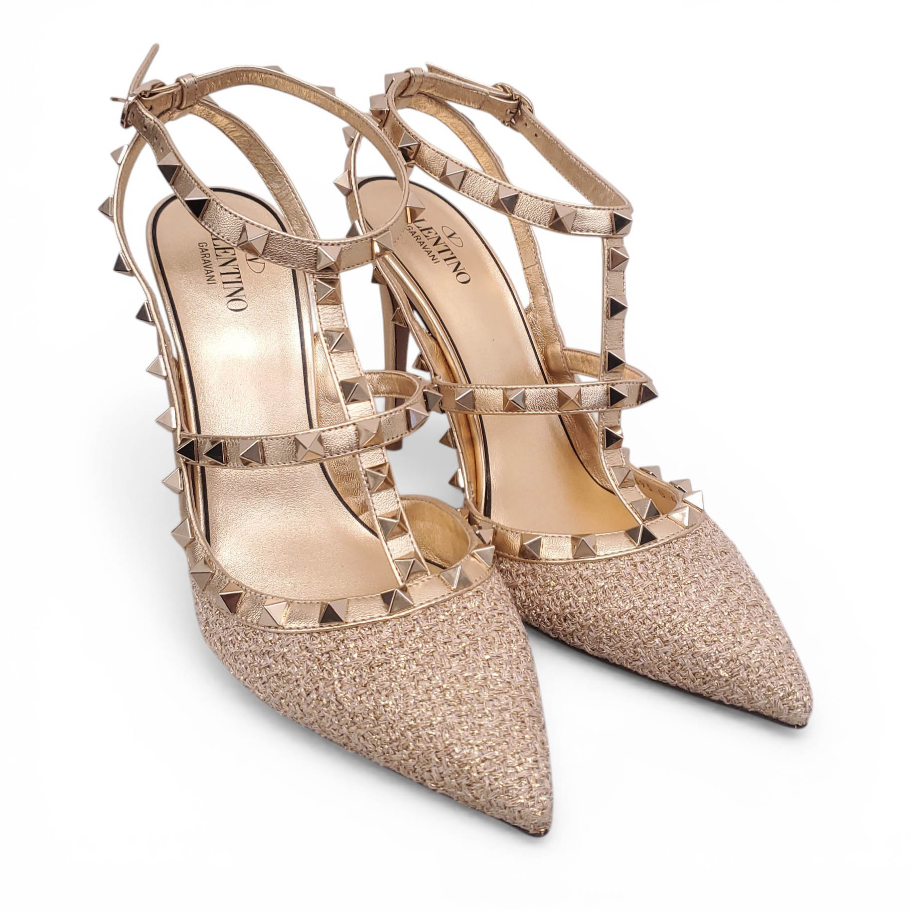 VALENTINO GOLD TWEED ROCKSTUD HEELS - SIZE 40