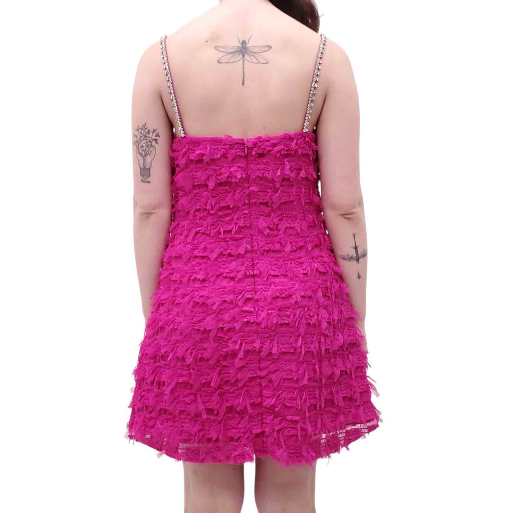 REBECCA VALLANCE PINK FRILL MINI DRESS WITH CRYSTAL BOW DETAILS - SIZE US 8