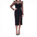 REBECCA VALLANCE BLACK DRESS WITH CRYSTAL NECKLINE AND SHEER POLKA DOT DETAIL - SIZE US 4