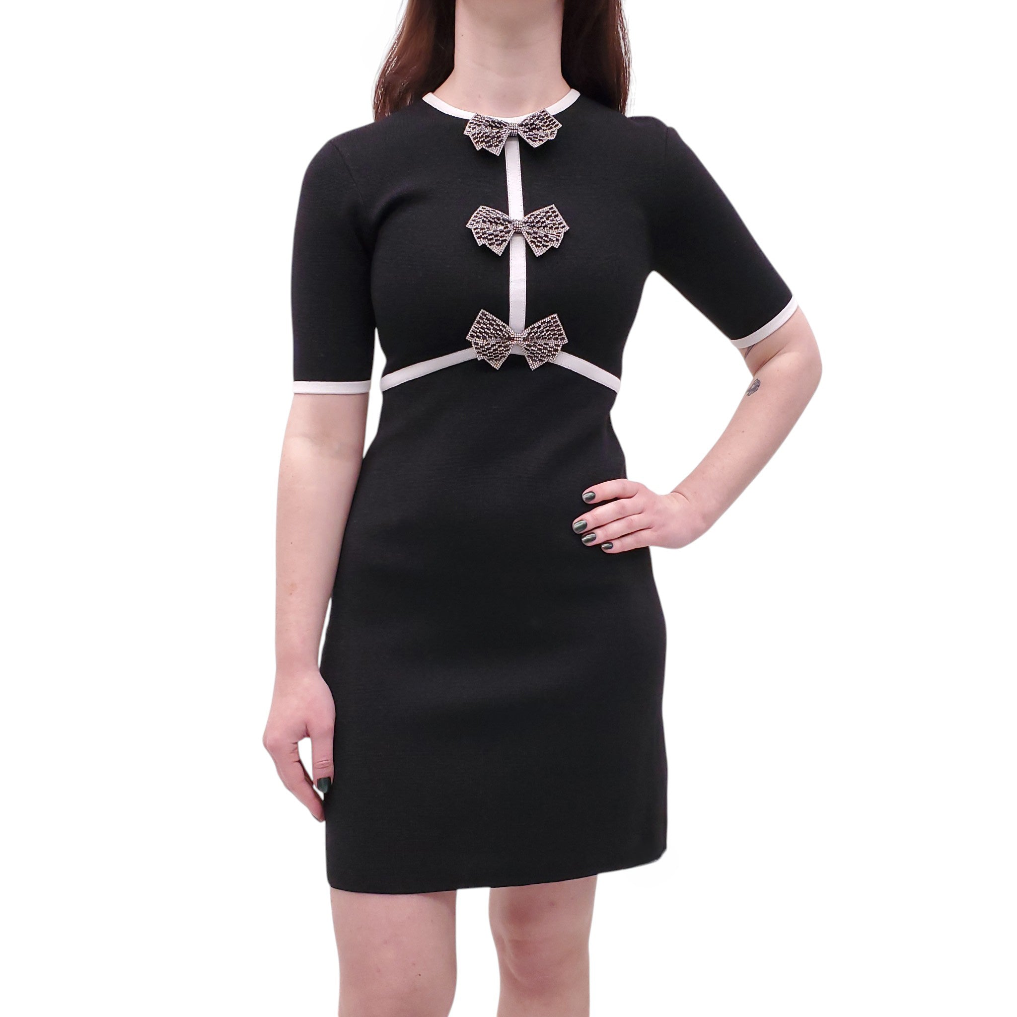 REBECCA VALLANCE BLACK DRESS WITH CRYSTAL BOWS AND WHITE PIPING