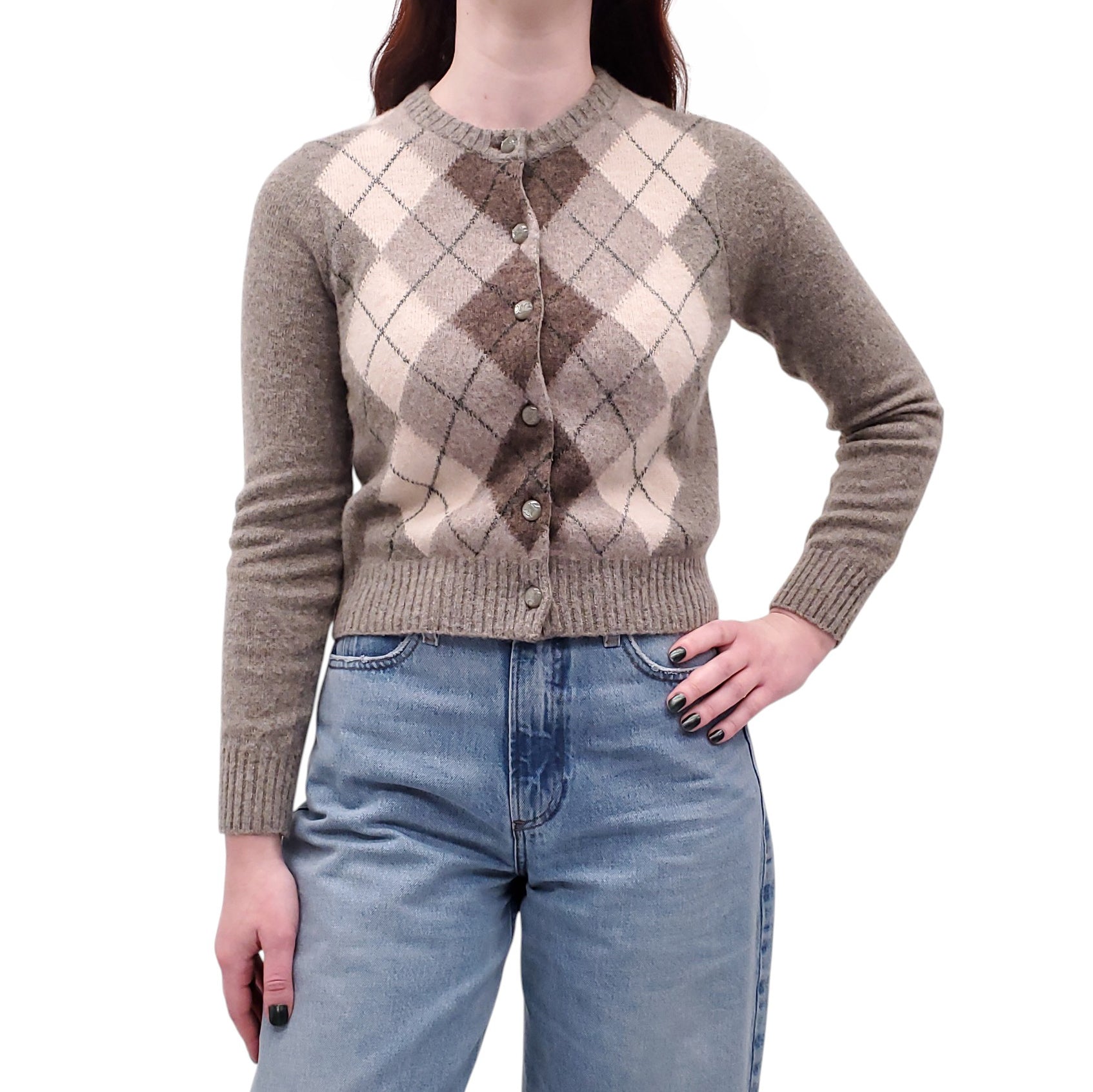 CELINE ARGYLE CARDIGAN WITH TRIOMPHE LOGO BUTTONS - SIZE XS