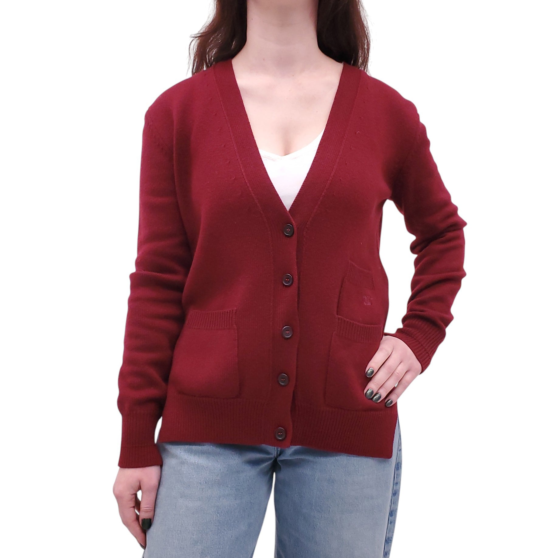CELINE BURGUNDY CASHMERE DOUBLE POCKET TRIOMPHE CARDIGAN - SIZE S