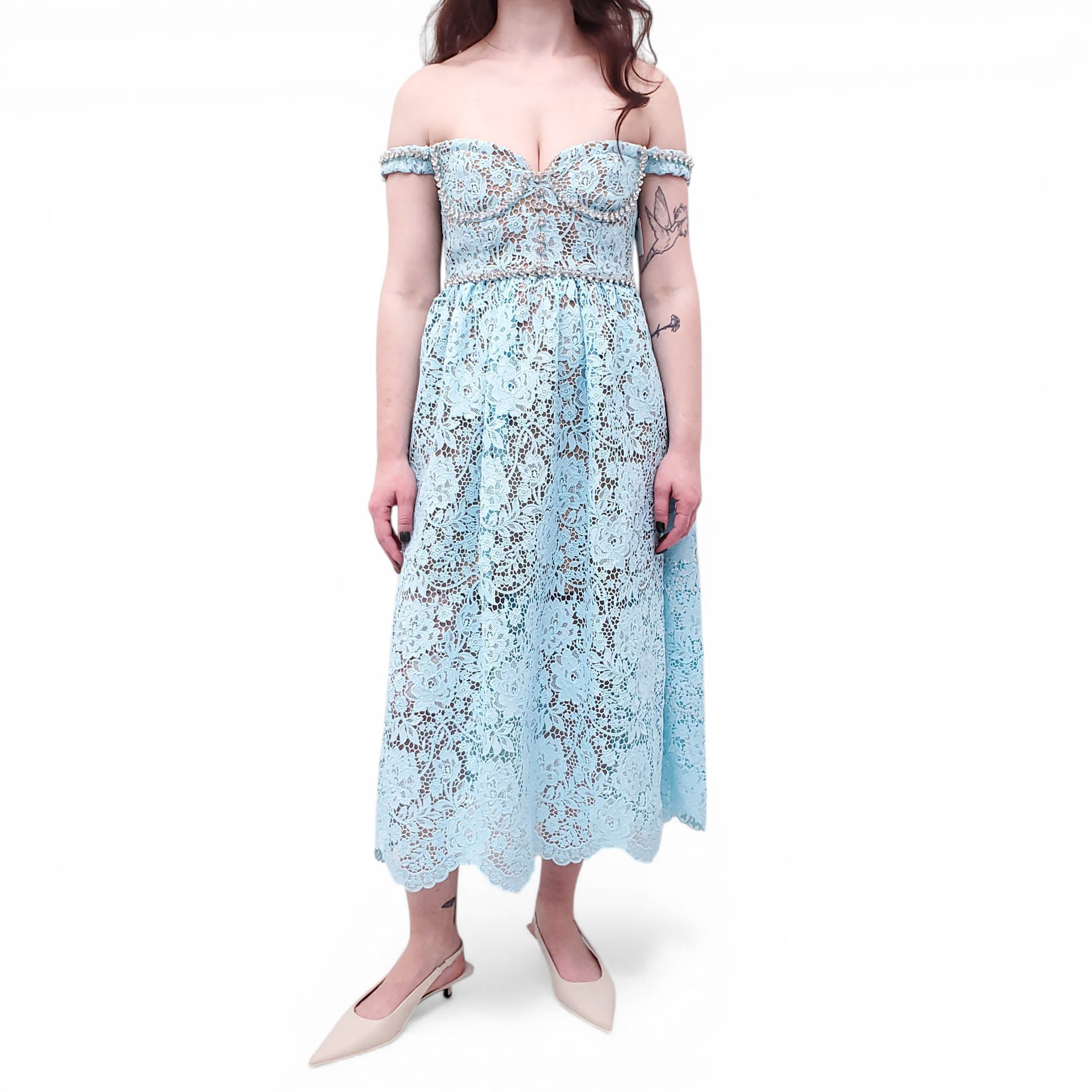 SELF-PORTRAIT BLUE LACE DIAMANTE MIDI DRESS