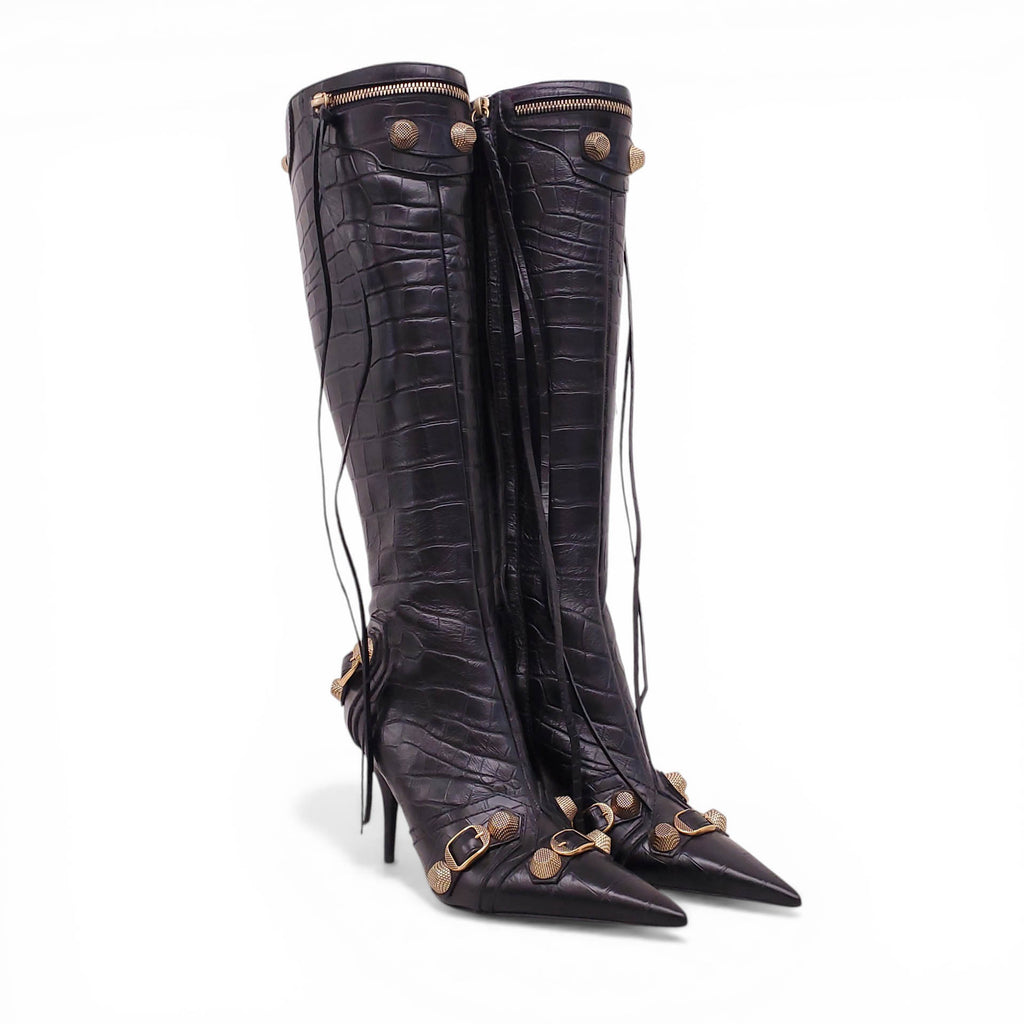 BALENCIAGA BLACK AND GOLD CROC EFFECT CAGOLE BOOTS - SIZE 36