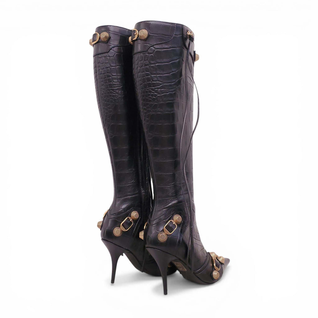 BALENCIAGA BLACK AND GOLD CROC EFFECT CAGOLE BOOTS - SIZE 36