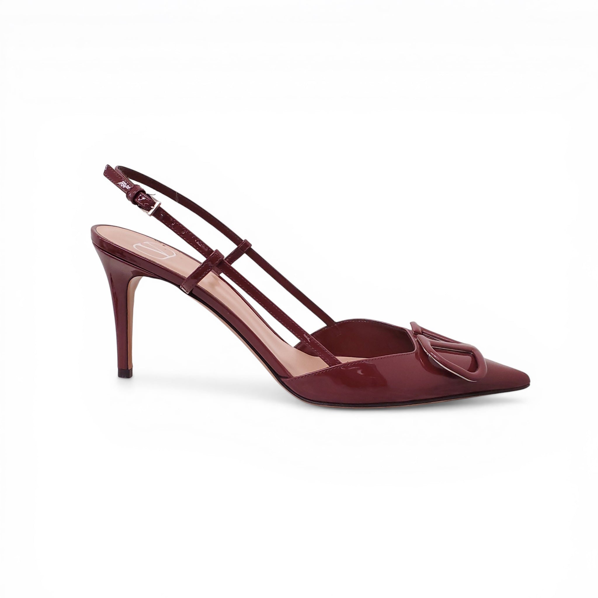 VALENTINO BURGUNDY PATENT LOGO SLINGBACK HEELS - SIZE 40