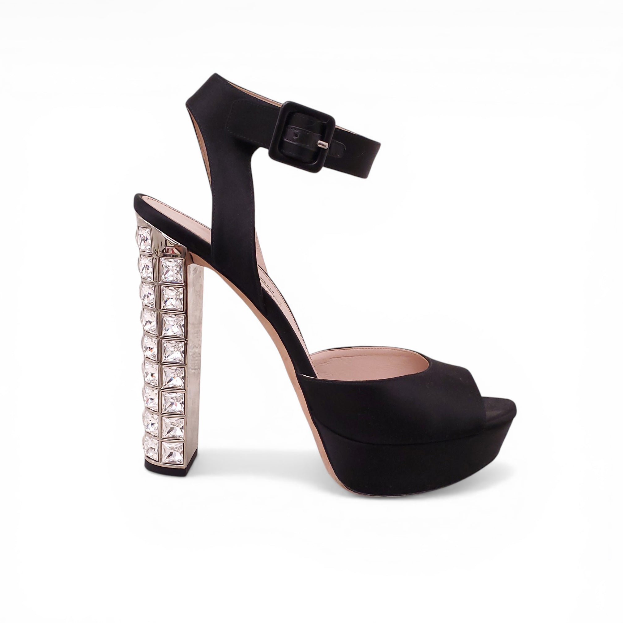 Miu Miu ブラック ポインテッドトゥ ハイヒール MIU MIU BLACK PEEP TOE CRYSTAL HEELS - SIZE 41 – Rewind Couture