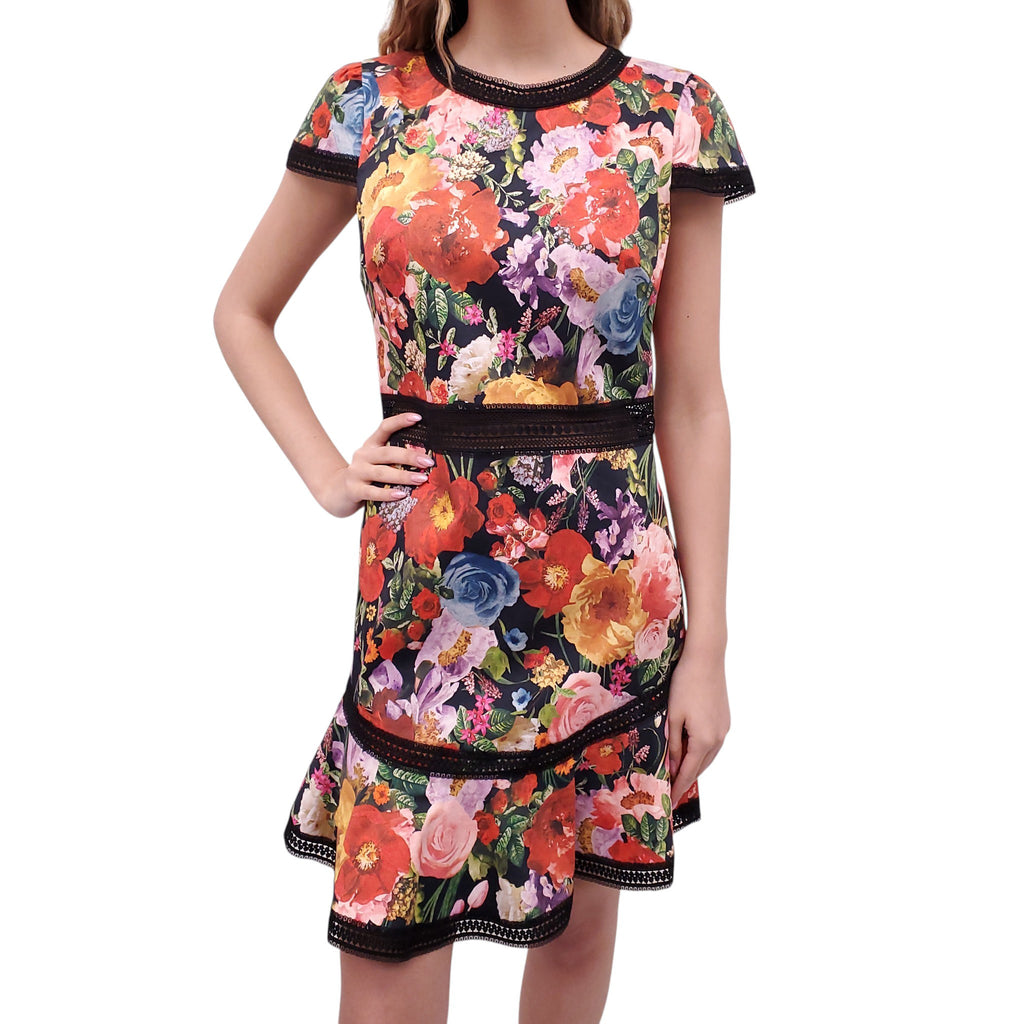 ALICE + OLIVIA BLACK AND MULTICOLOURED FLORAL DRESS WITH LACE - SIZE 10
