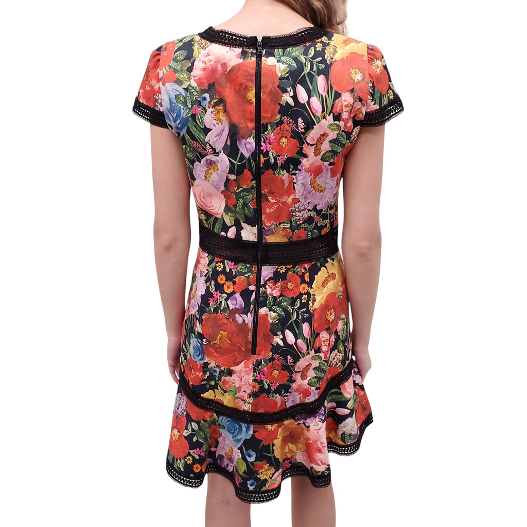 ALICE + OLIVIA BLACK AND MULTICOLOURED FLORAL DRESS WITH LACE - SIZE 10