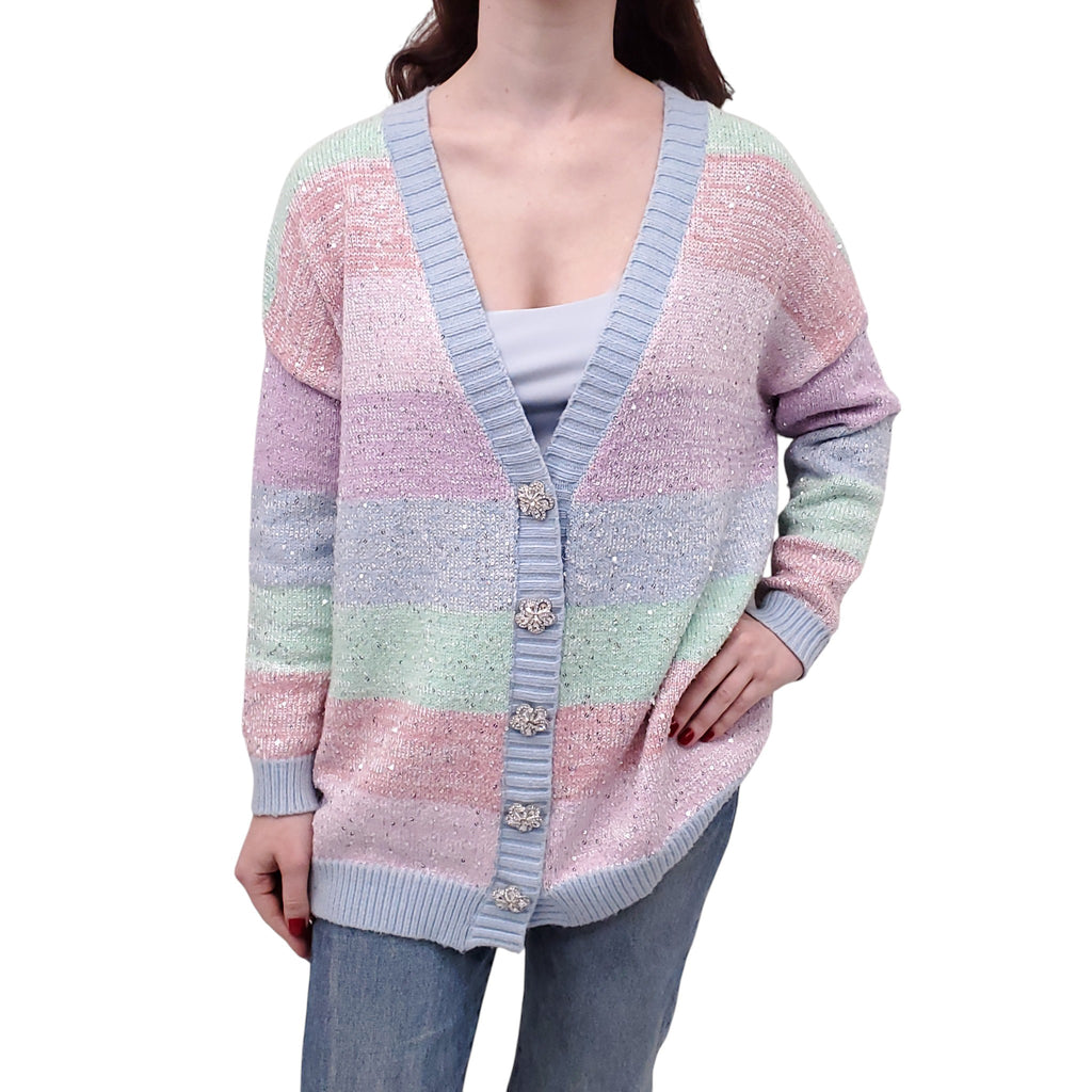 OLIVIA RUBIN RAINBOW SEQUIN CARDIGAN WITH CRYSTAL BUTTONS - SIZE S