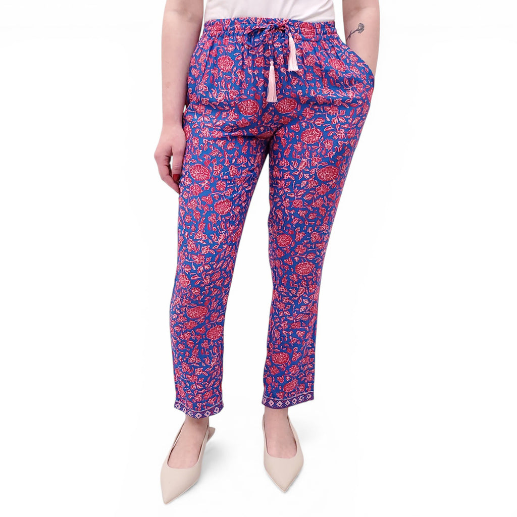 NATALIE MARTIN BLUE AND RED FLORAL RAYON PANTS - SIZE XS