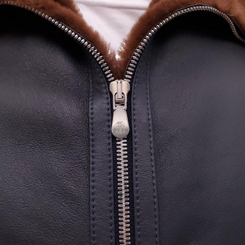 B.C. NAVY LEATHER BOMBER JACKET WITH SHEARLING INTERIOR - MEN'S SIZE L