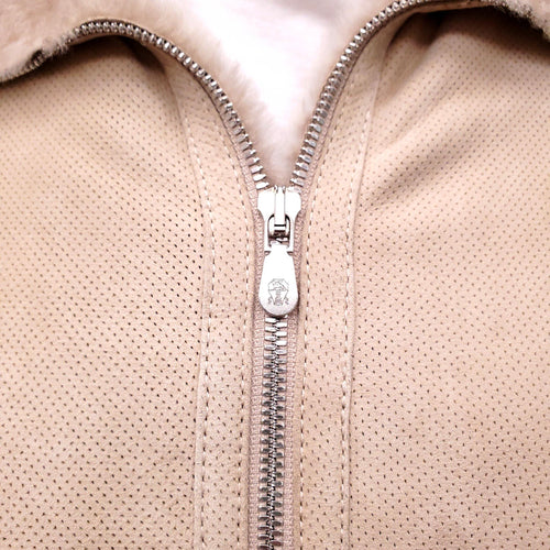B.C. CREAM SHEARLING LINED PERFORATED SUEDE BOMBER JACKET - MEN'S SIZE M
