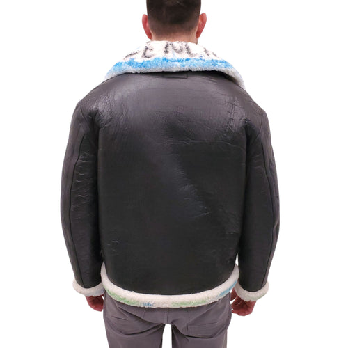 BALENCIAGA LEATHER AND MULTICOLOUR SHEARLING LOGO JACKET - MEN'S SIZE 48