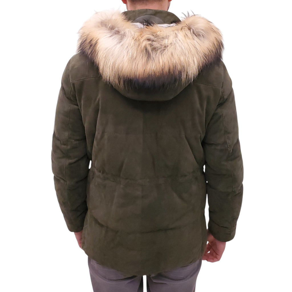 KITON OLIVE GREEN SUEDE AND CASHMERE JACKET WITH FUR HOOD - MEN'S SIZE 52
