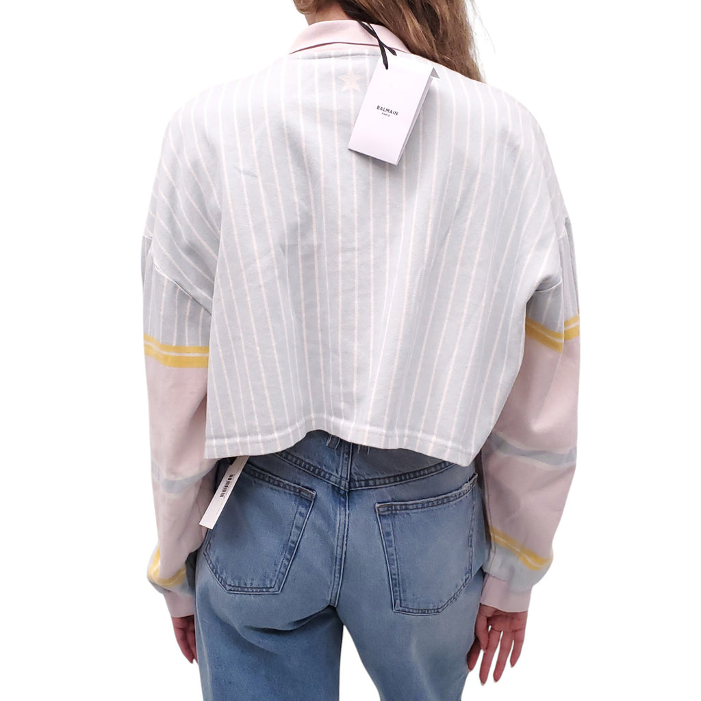 BALMAIN BABY BLUE PINSTRIPE POLO SHIRT WITH LOGO - SIZE 42