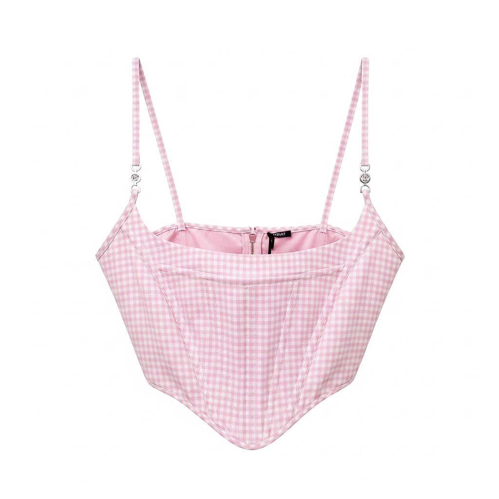 VERSACE PINK MEDUSA '95 GINGHAM VIRGIN WOOL BUSTIER TOP - SIZE 50
