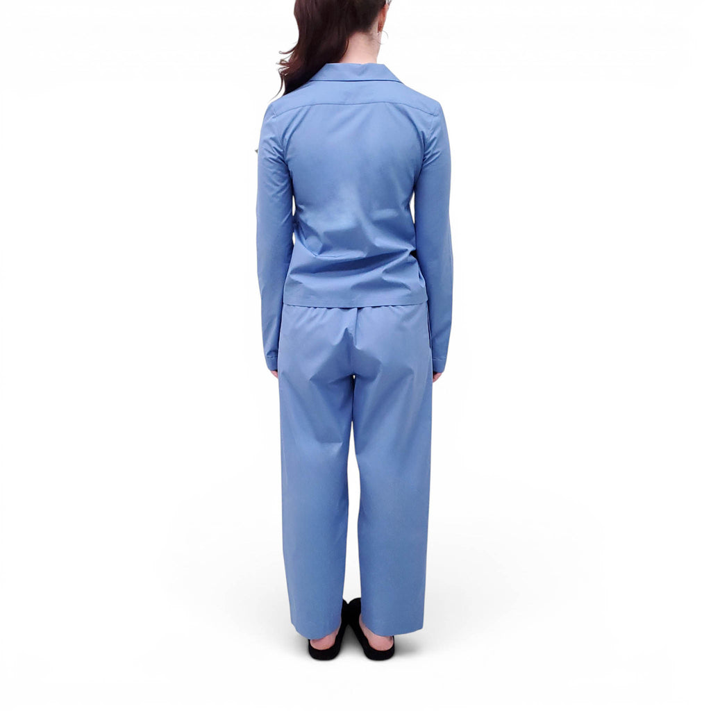 MIU MIU BLUE POPLIN PAJAMA LOGO BLOUSE AND PANTS SET - SIZE 36