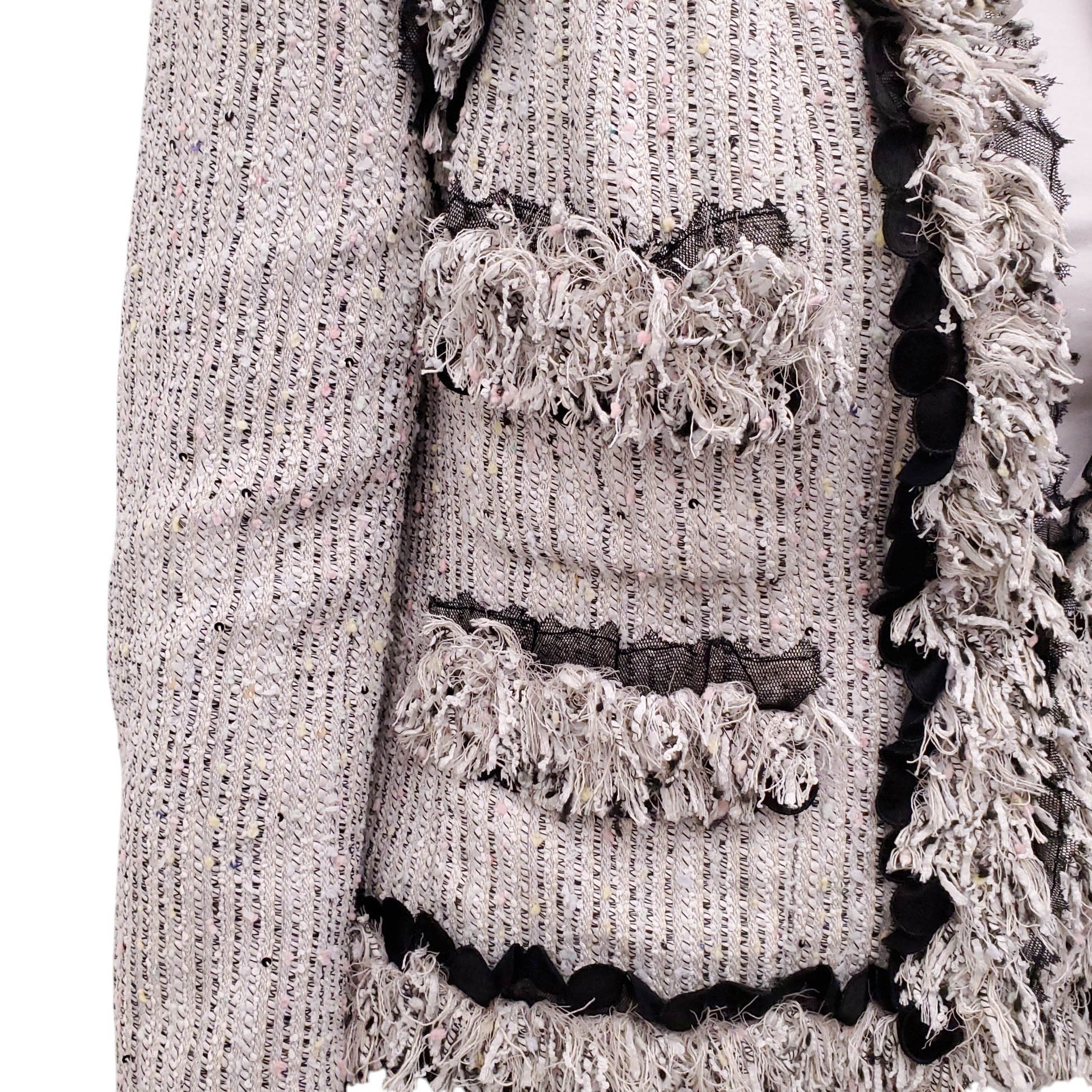 CHANEL 2004 GREY MULTI-COLOUR TWEED JACKET WITH FRINGE AND MESH