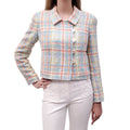CHANEL S/S 1997 BABY BLUE AND ORANGE PASTEL TWEED JACKET WITH LOGO BUTTONS - SIZE 40