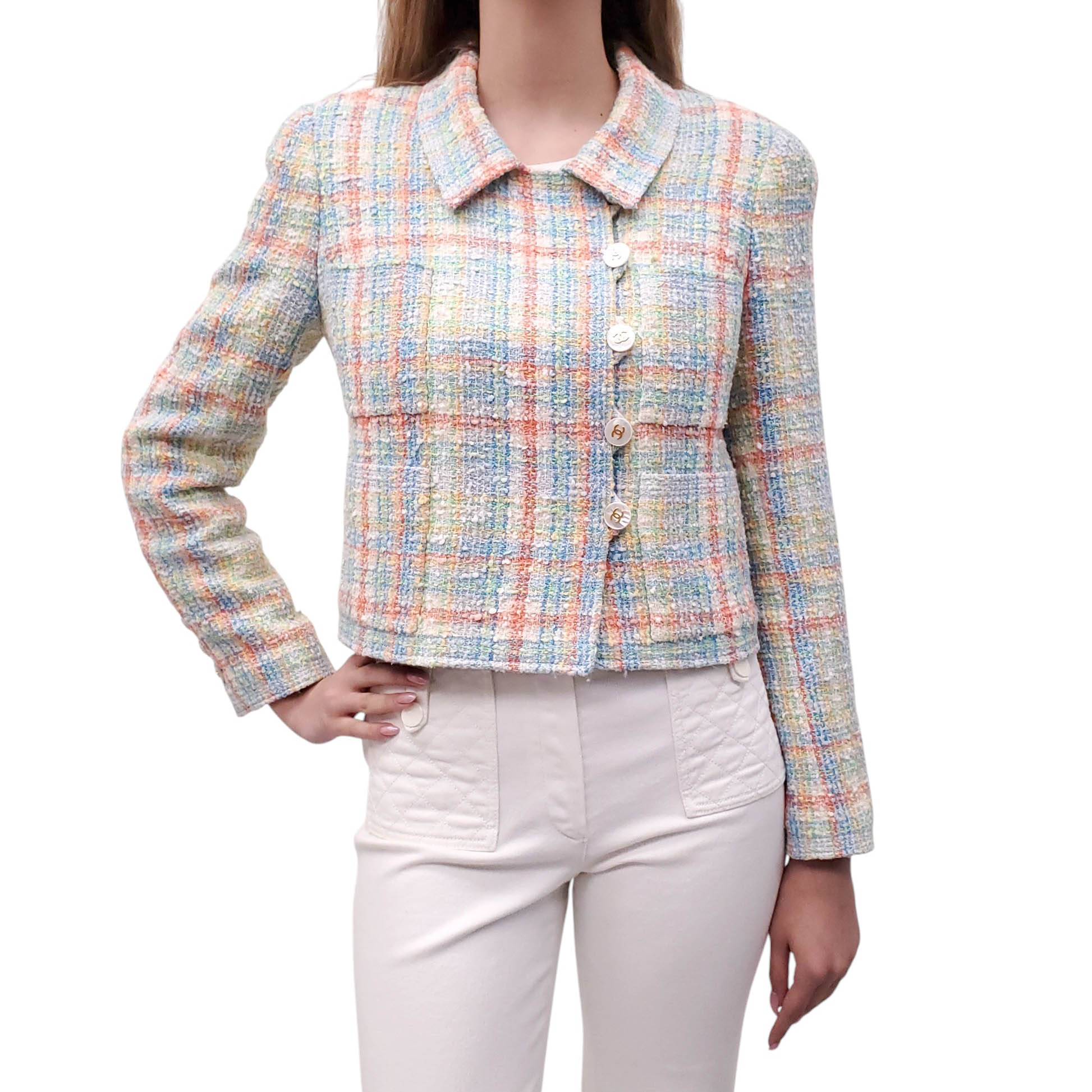 CHANEL S/S 1997 BABY BLUE AND ORANGE PASTEL TWEED JACKET WITH LOGO BUTTONS - SIZE 40