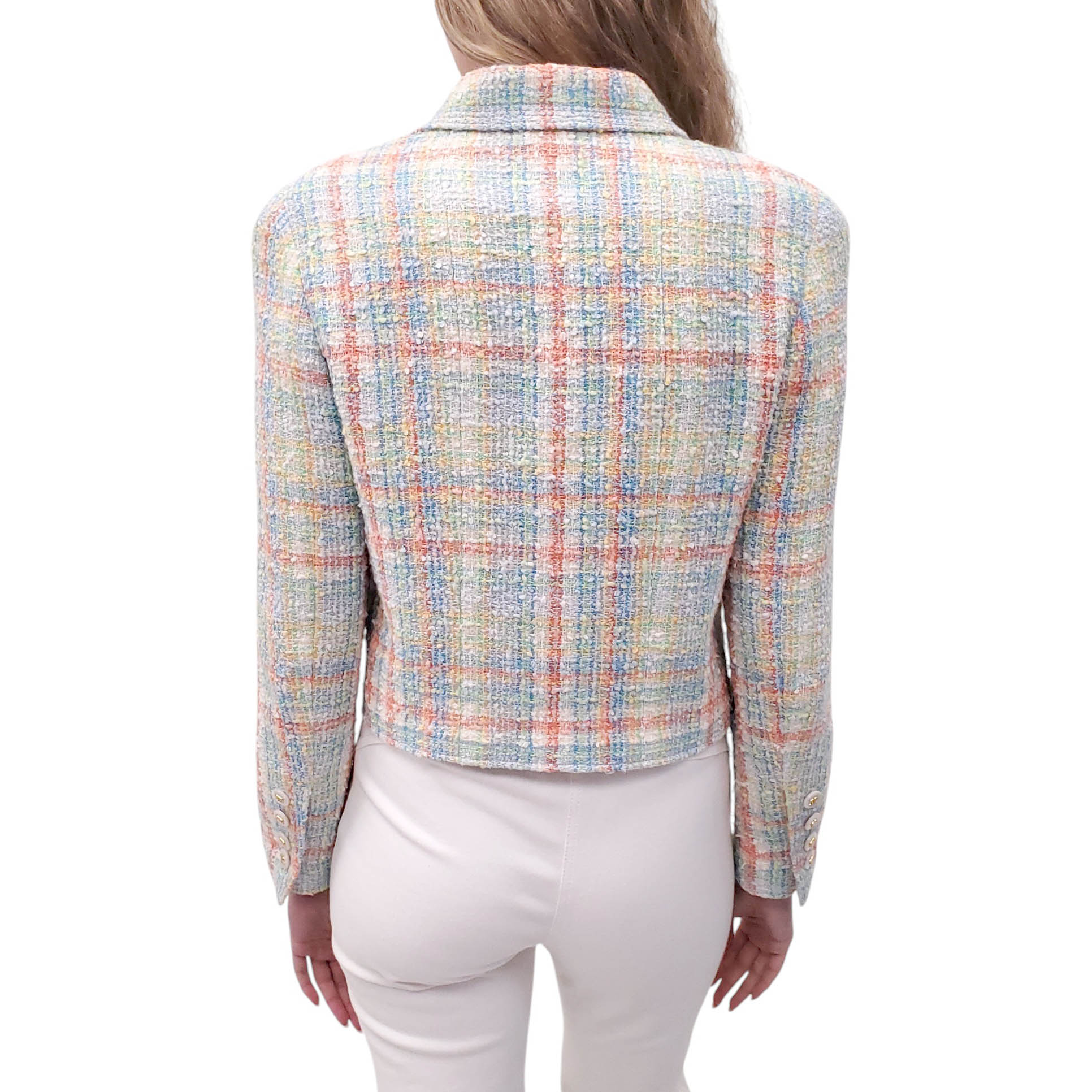 CHANEL S/S 1997 BABY BLUE AND ORANGE PASTEL TWEED JACKET WITH LOGO BUTTONS - SIZE 40