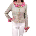CHANEL GREEN AND PINK TWEED JACKET WITH SILK FLORAL TRIM - SIZE 38