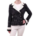CHANEL 2004 BLACK, TAN AND WHITE TWEED JACKET WITH CROCHET AND FRINGE DETAIL - SIZE 36