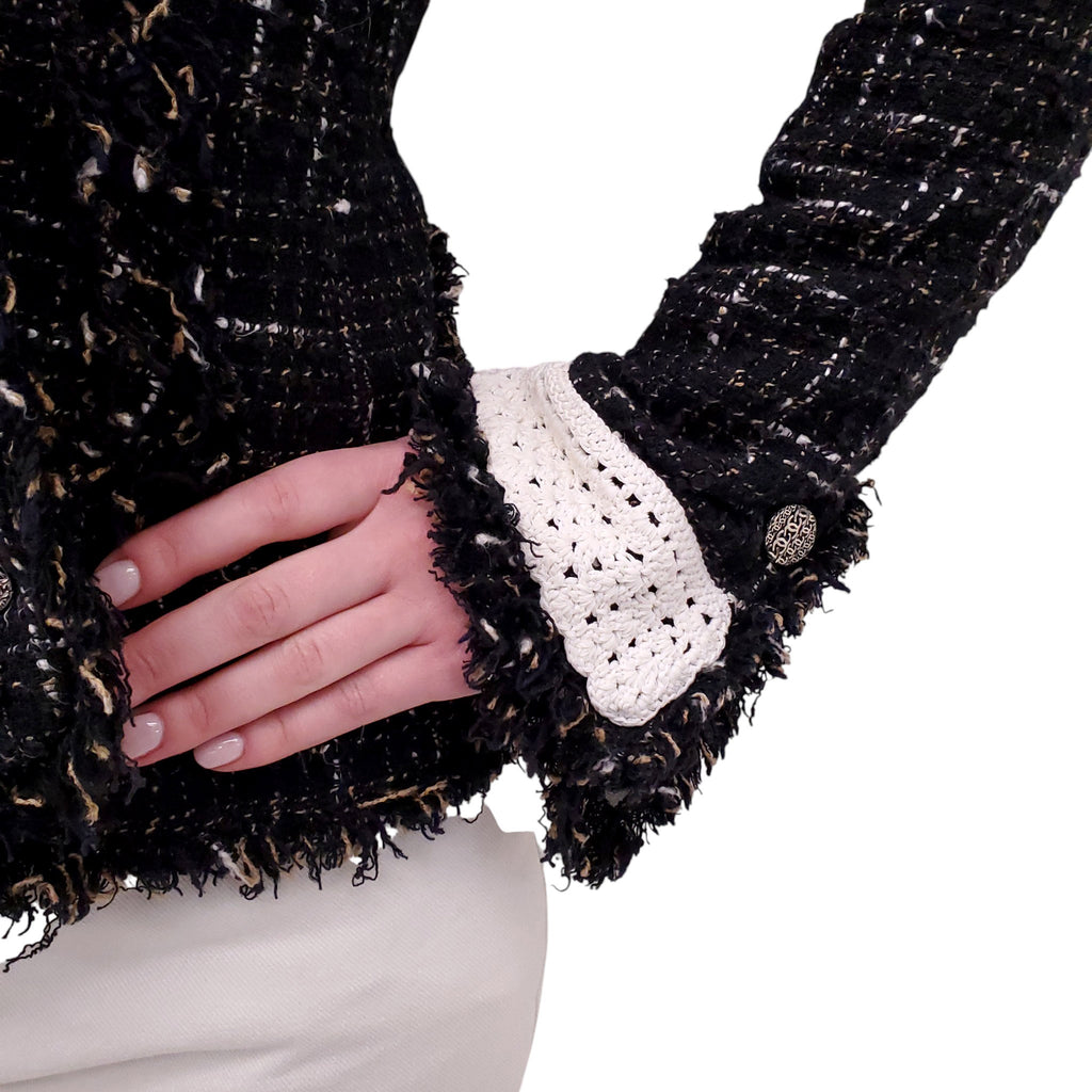 CHANEL 2004 BLACK, TAN AND WHITE TWEED JACKET WITH CROCHET AND FRINGE DETAIL - SIZE 36
