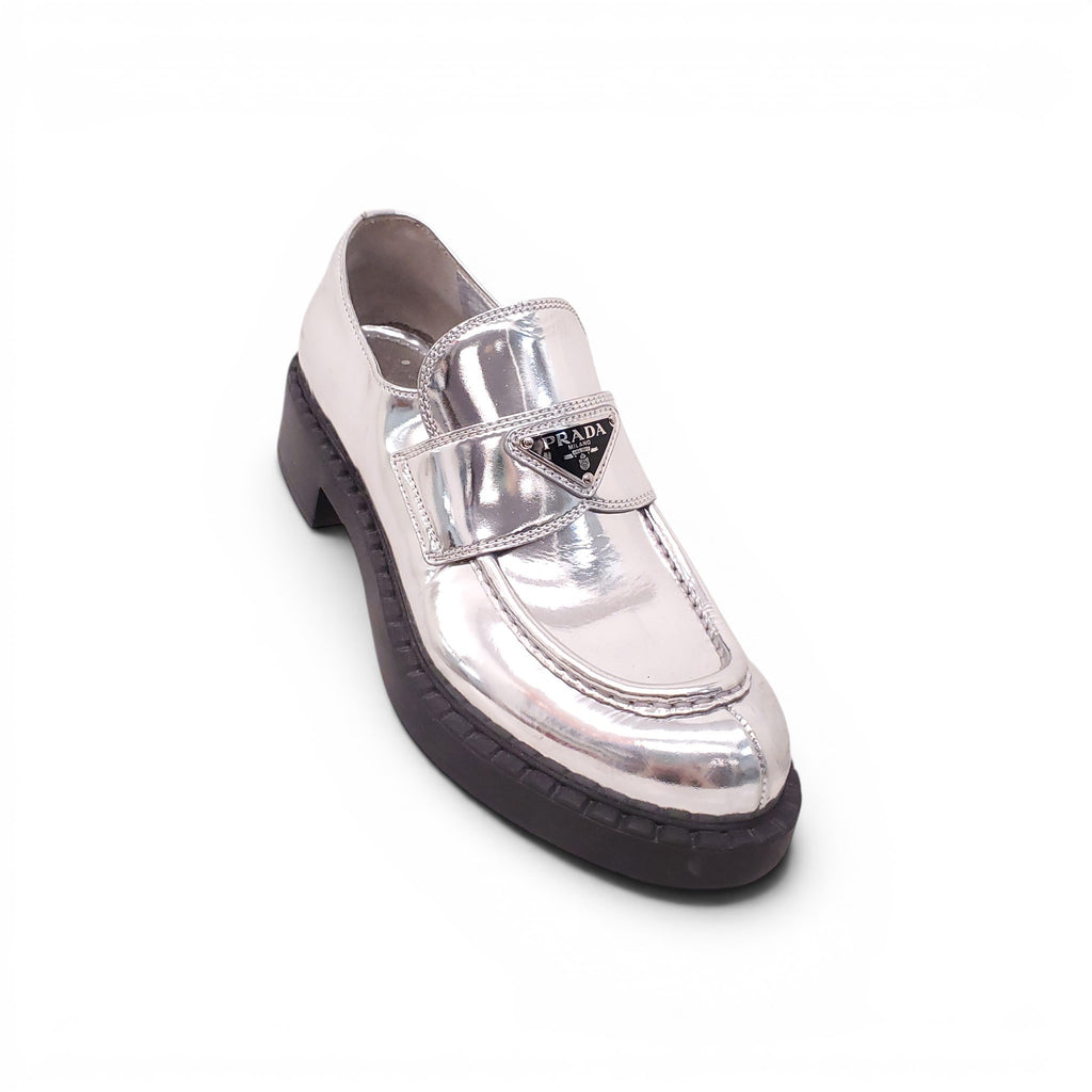 PRADA SILVER LOGO LOAFERS - SIZE 38