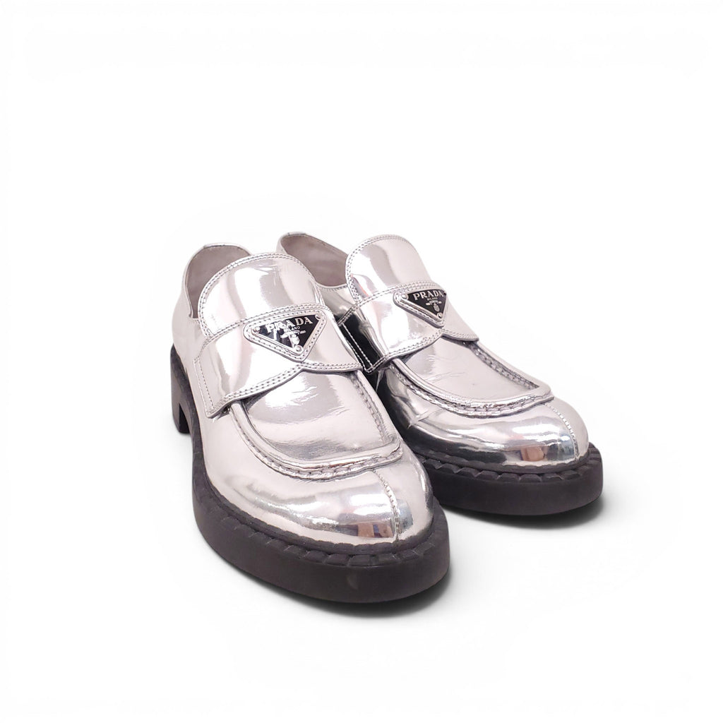 PRADA SILVER LOGO LOAFERS - SIZE 38