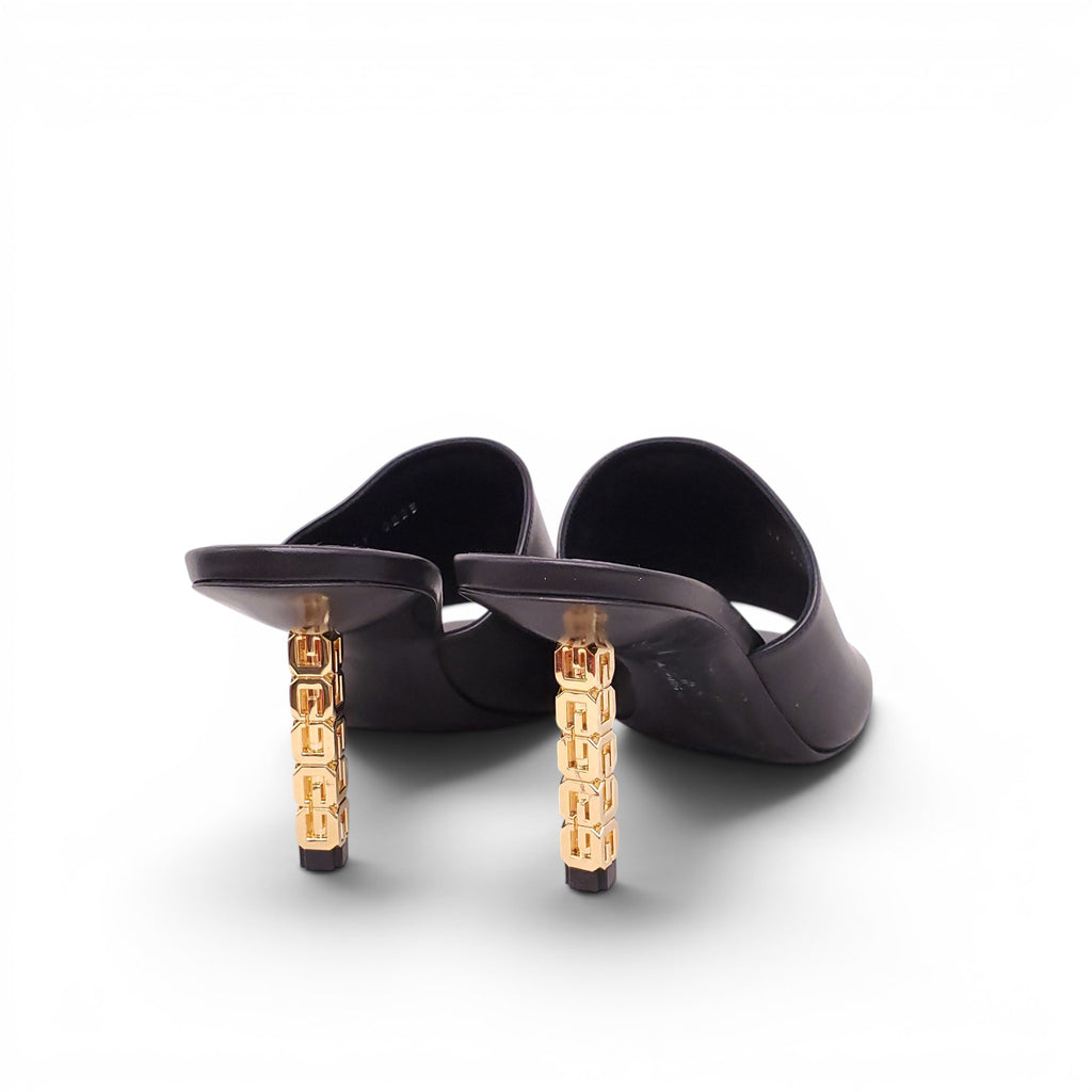 GIVENCHY BLACK MULES WITH GOLD LOGO HEELS - SIZE 37