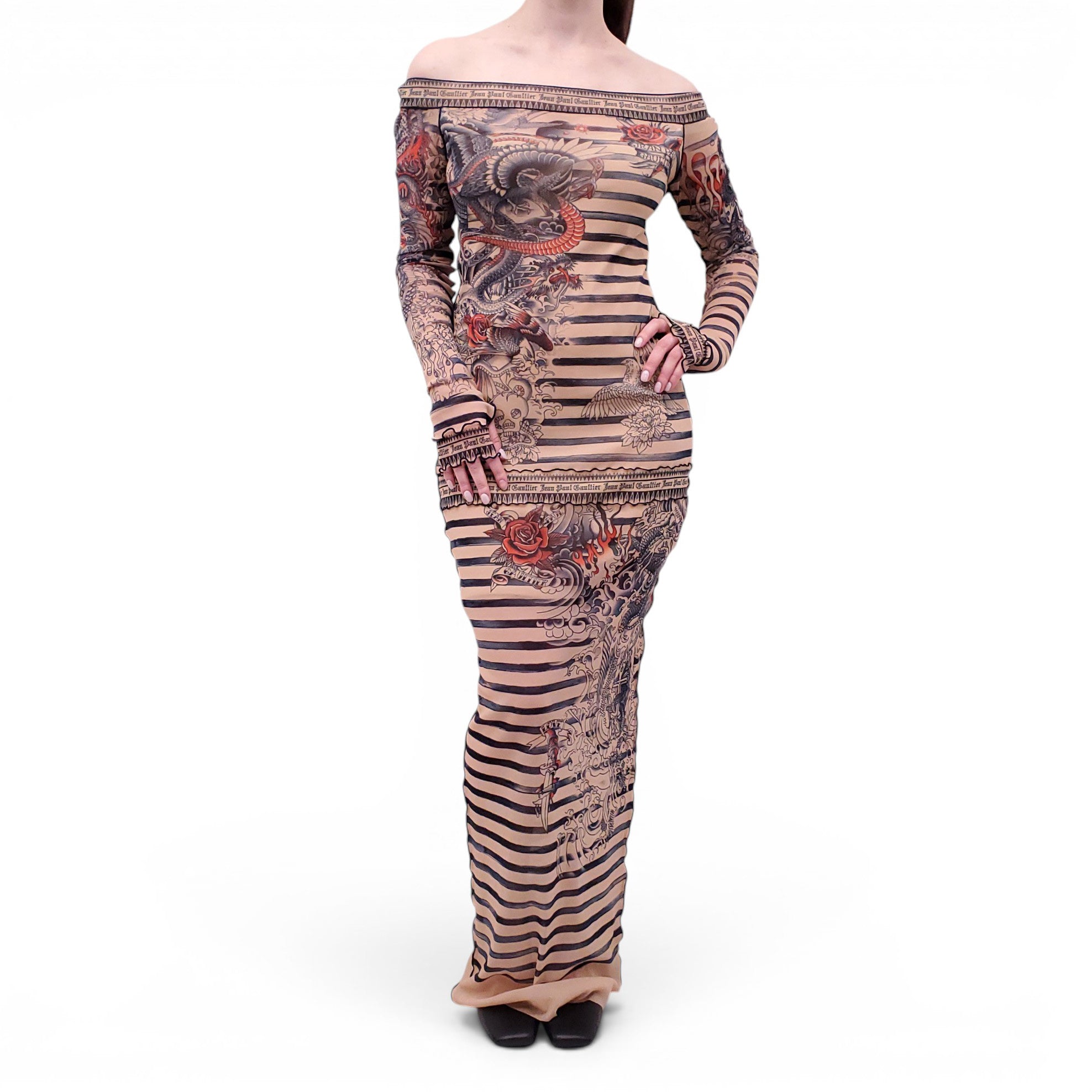JEAN PAUL GAULTIER NUDE STRIPED MESH DRESS WITH GRAPHIC PRINT - SIZE L