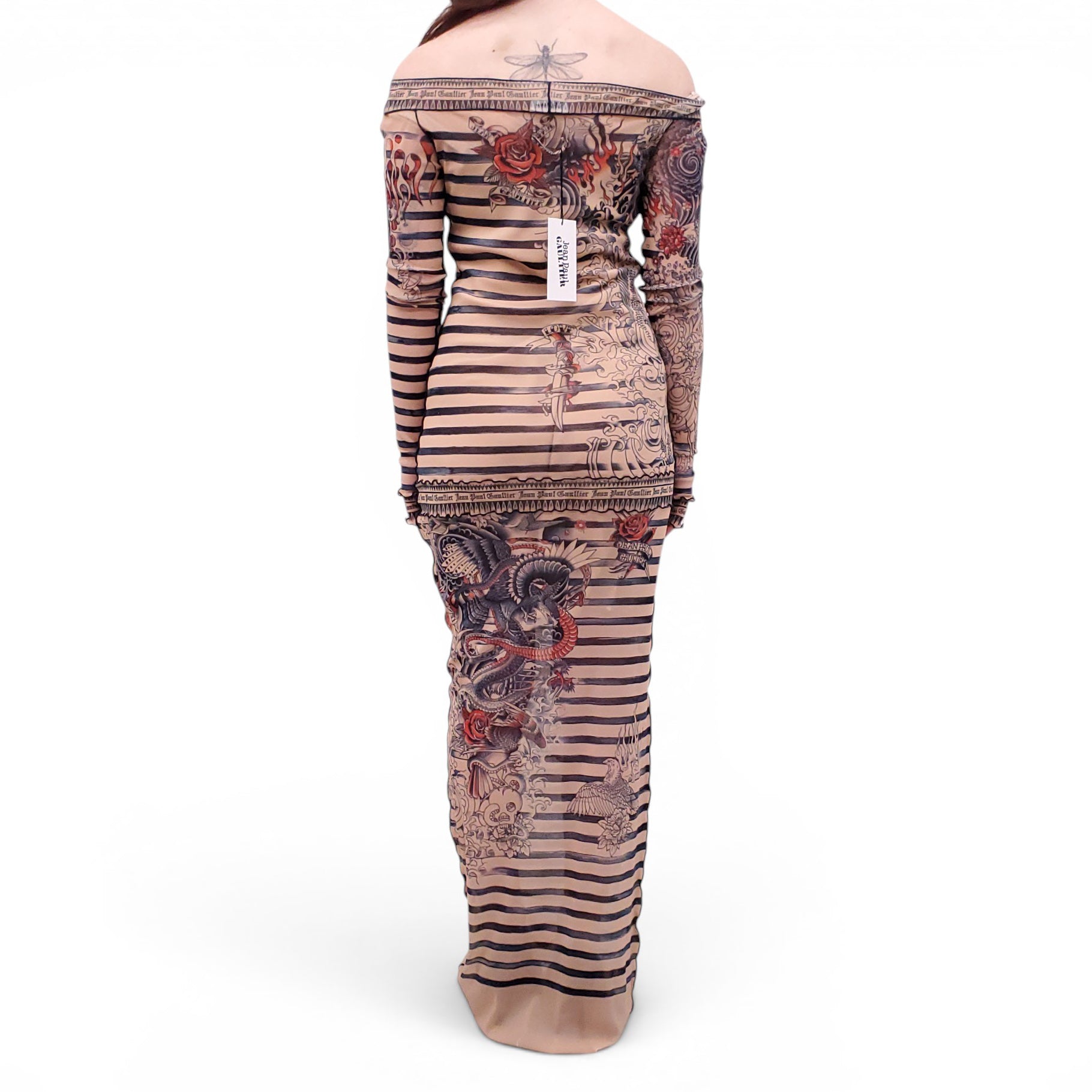 JEAN PAUL GAULTIER NUDE STRIPED MESH DRESS WITH GRAPHIC PRINT - SIZE L
