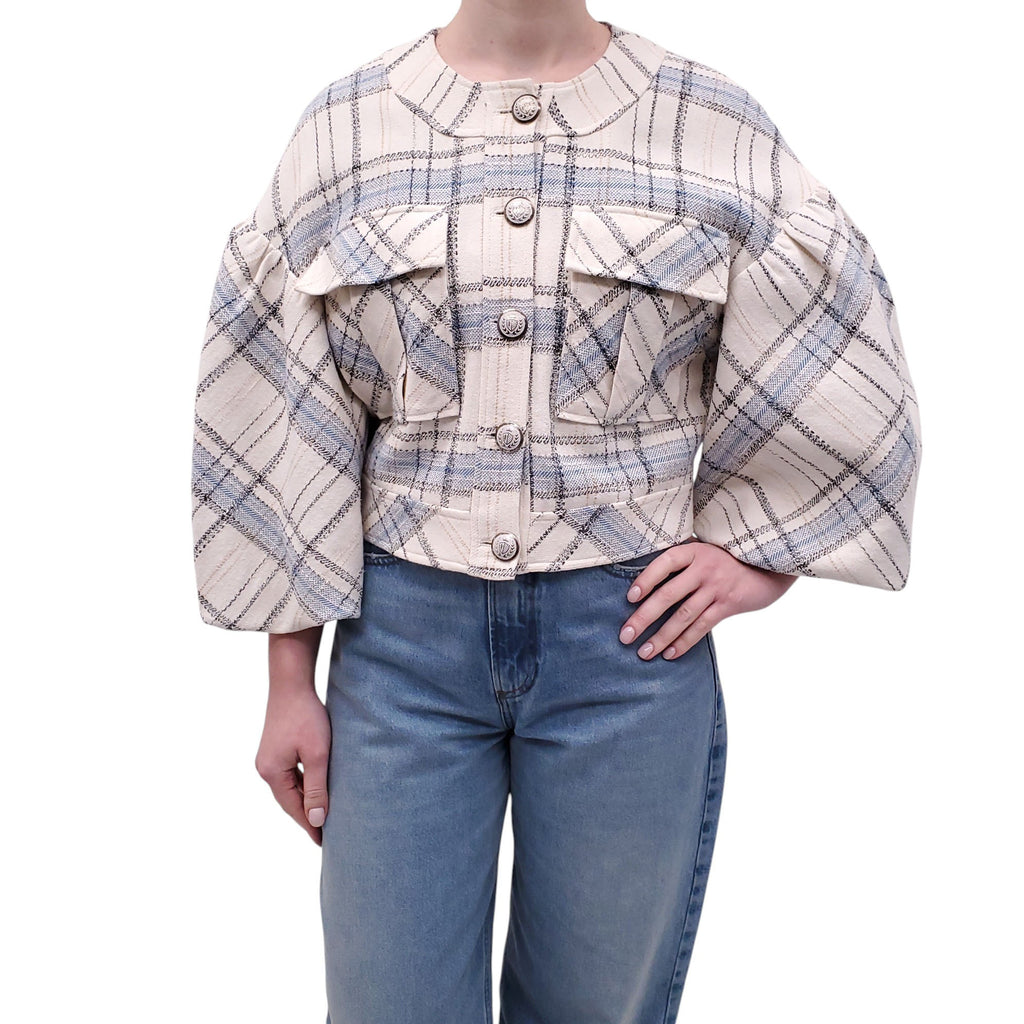 VERONICA BEARD CREAM AND BLUE PLAID JACKET - SIZE 8