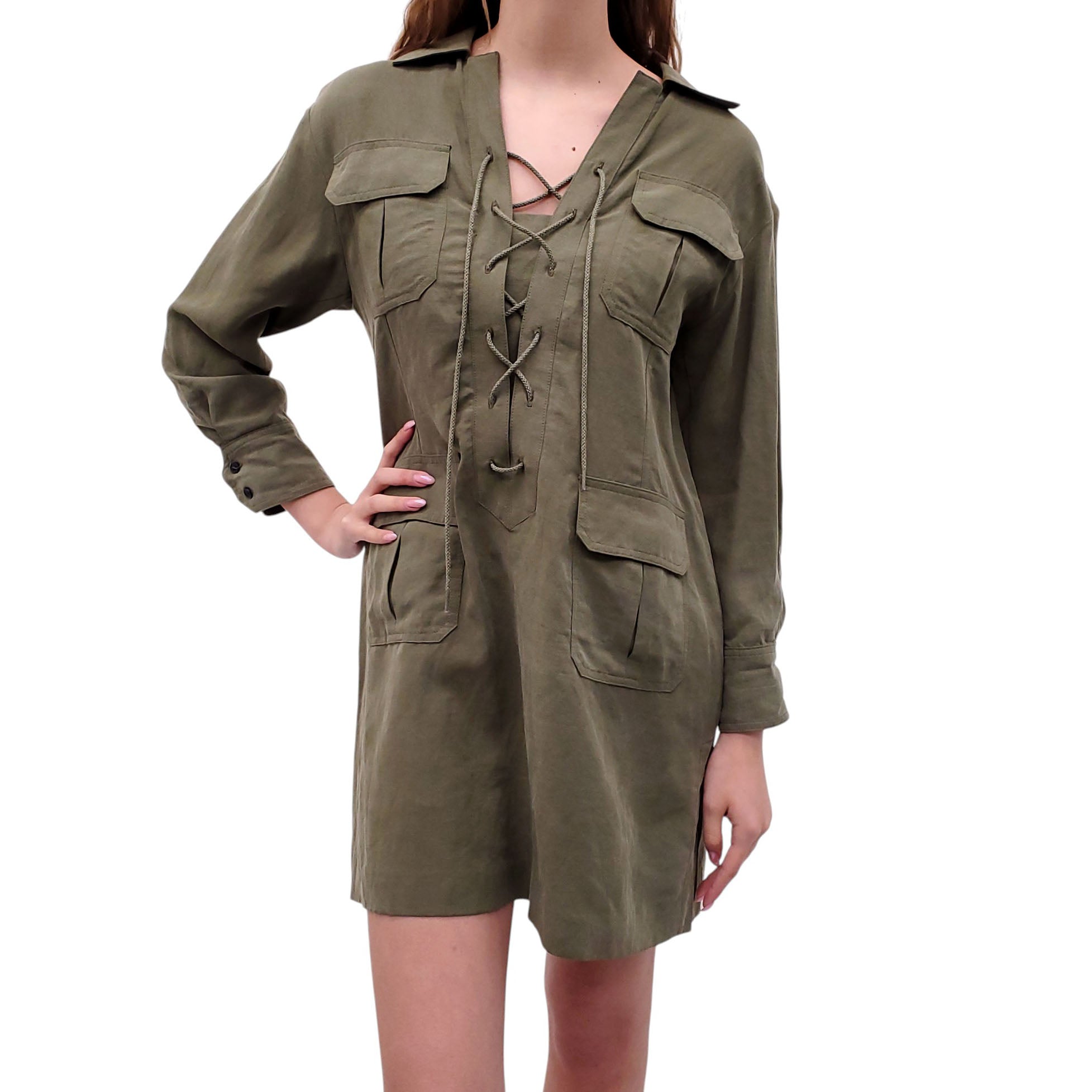 olive green cargo dress Elok Cargo Mini Dress in Parachute Silver Green