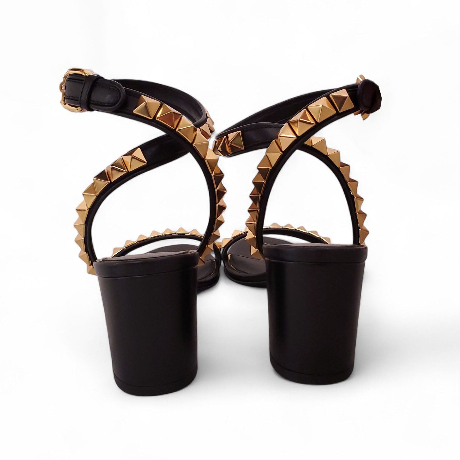 VALENTINO BLACK AND GOLD ROCKSTUD 'NO LIMIT' LEATHER SANDALS - SIZE 37