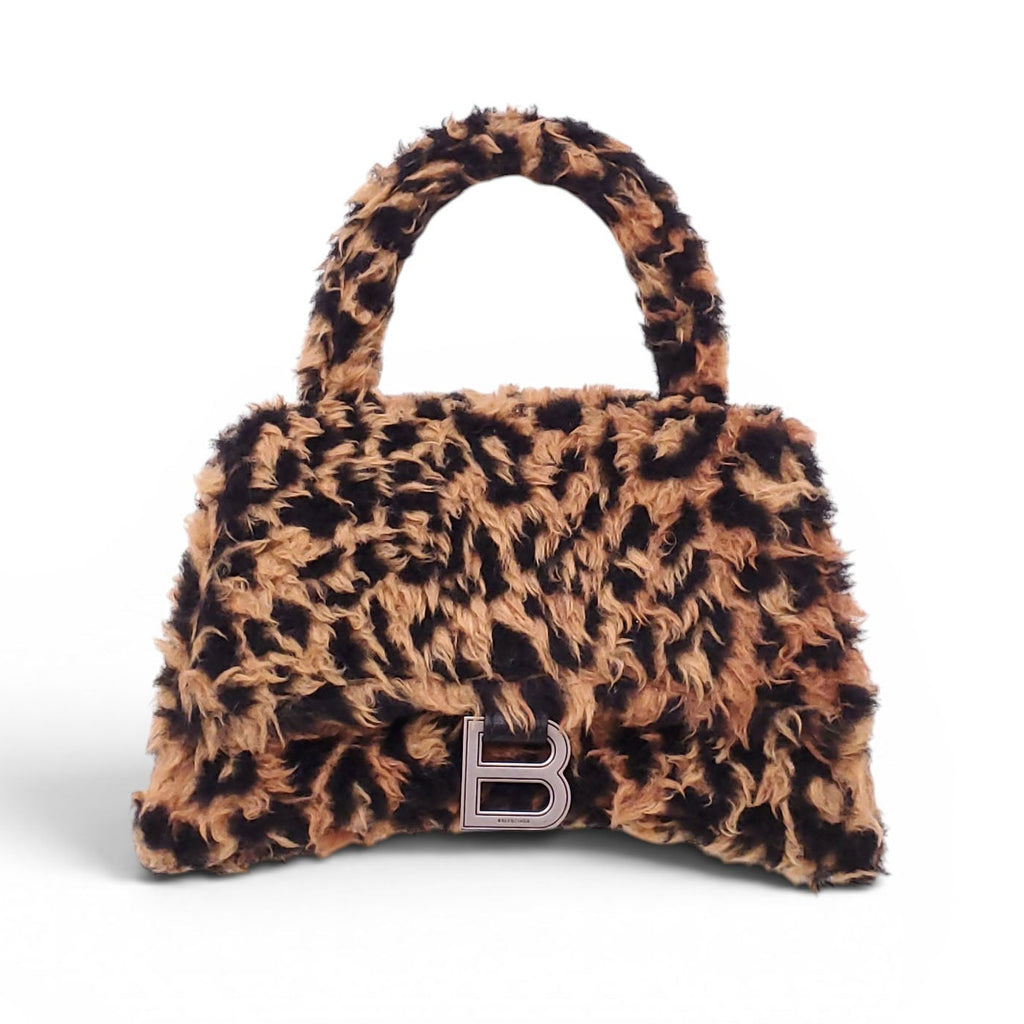 BALENCIAGA LEOPARD FAUX FUR HOURGLASS TOP HANDLE BAG